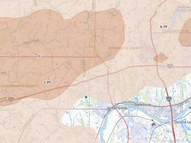 Radar-estimated hail-size map of the storm over Bonner Springs, KS on Apr 26, 2026