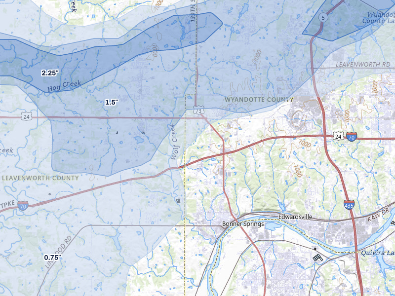 NEXRAD radar-signature map of the hail over Bonner Springs, KS