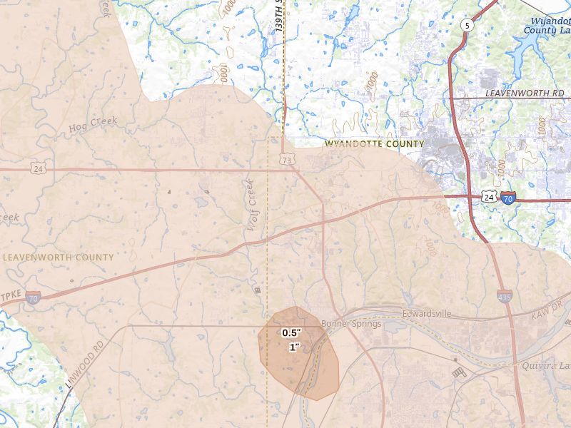 Radar-estimated hail-size map of the storm over Bonner Springs, KS on Jul 8, 2026