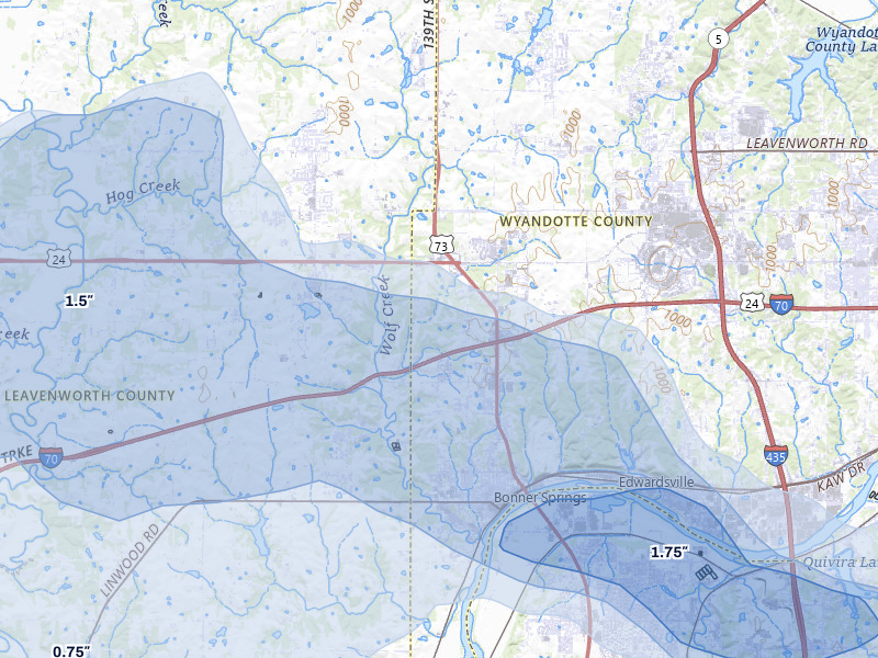 NEXRAD radar-signature map of the hail over Bonner Springs, KS