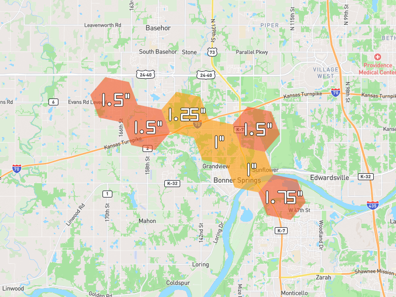 Hail map of Bonner Springs, KS on Jul 9, 2026, hail up to 1.75"
