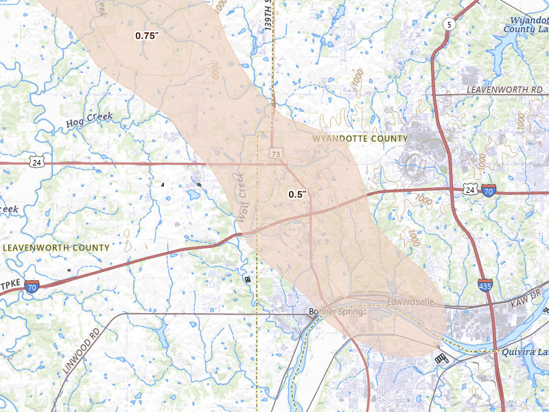 Radar-estimated hail-size map of the storm over Bonner Springs, KS on Aug 21, 2026