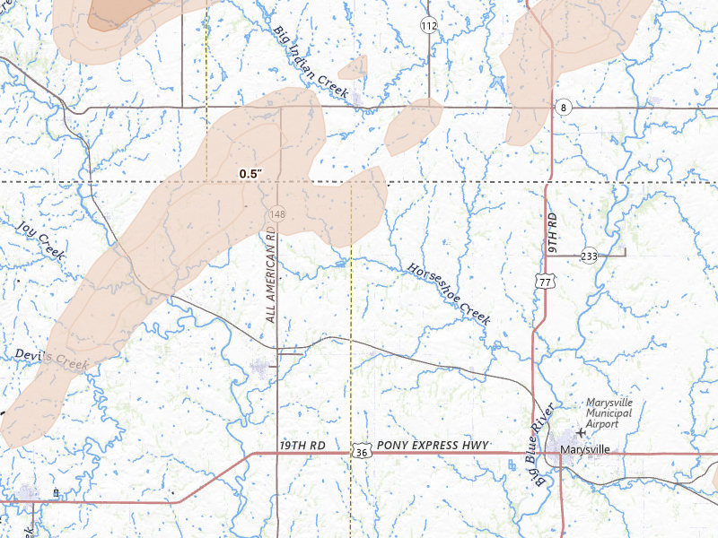 Radar-estimated hail-size map of the storm over Bremen, KS on Apr 23, 2026