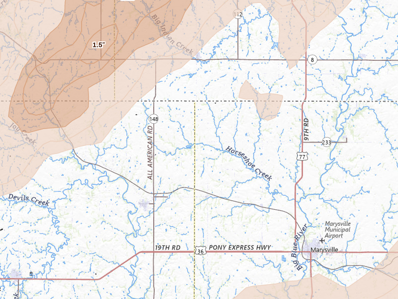Radar-estimated hail-size map of the storm over Bremen, KS on May 18, 2026