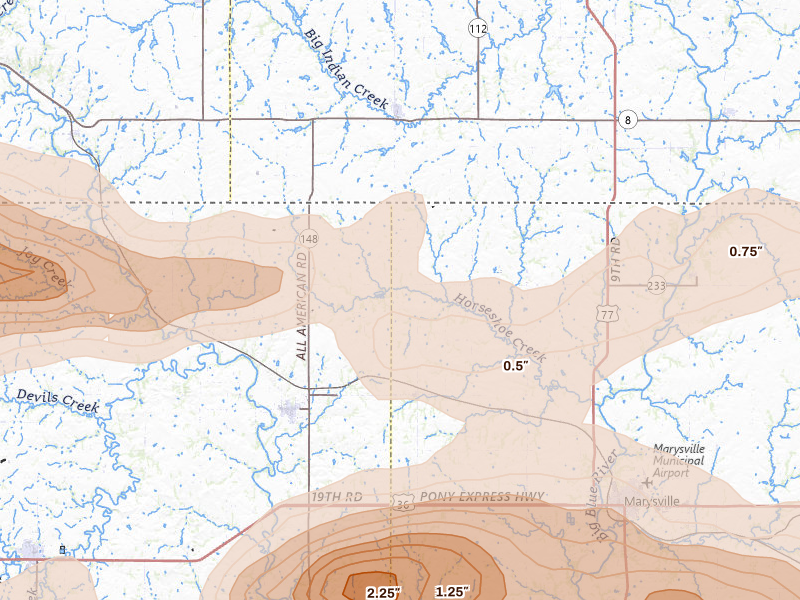 Radar-estimated hail-size map of the storm over Bremen, KS