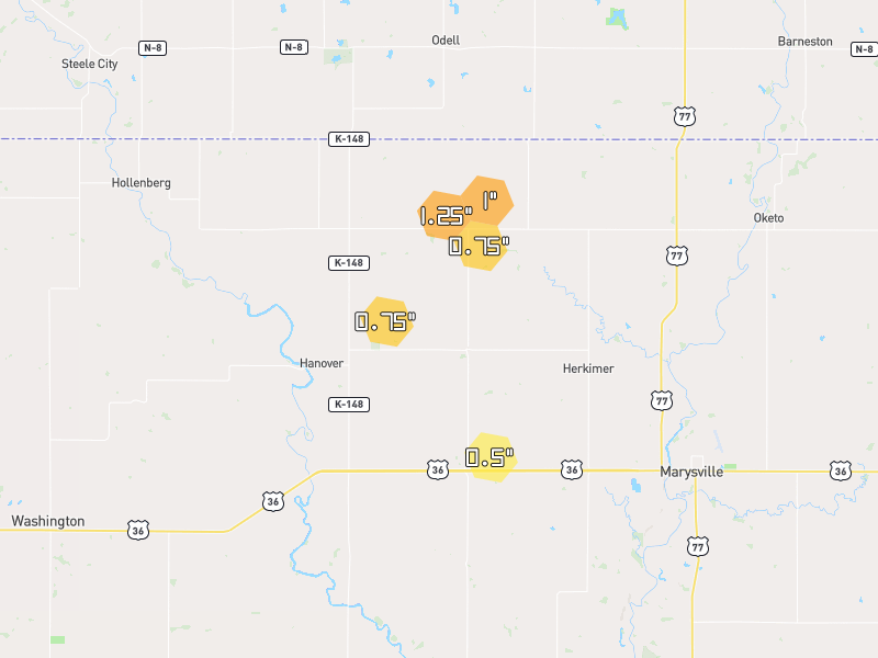 Hail map of Bremen, KS on Jul 4, 2026, hail up to 1.25"
