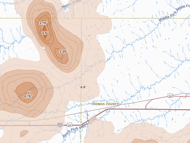 Radar-estimated hail-size map of the storm over Brewster, KS on May 16, 2026