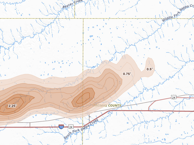 Radar-estimated hail-size map of the storm over Brewster, KS on Jun 8, 2026