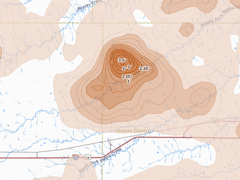 Radar-estimated hail-size map of the storm over Brewster, KS on Jun 20, 2026