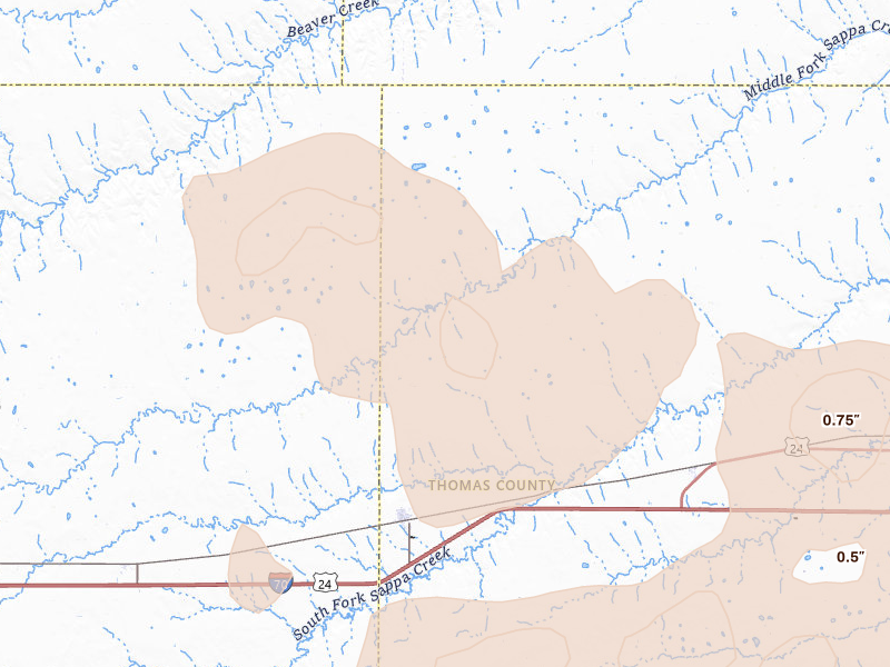 Radar-estimated hail-size map of the storm over Brewster, KS on Jun 24, 2026