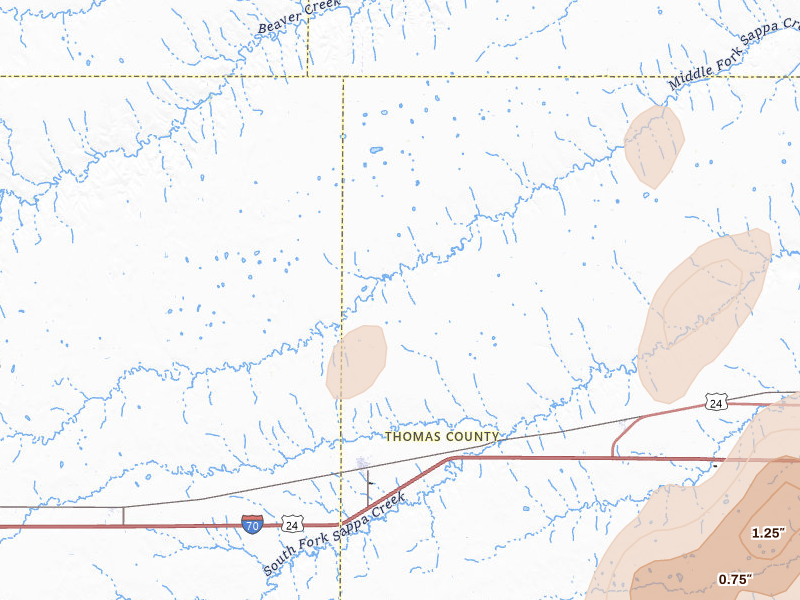Radar-estimated hail-size map of the storm over Brewster, KS on Jul 1, 2026