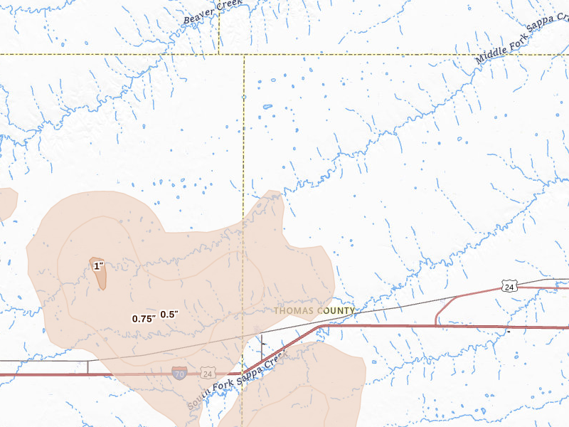 Radar-estimated hail-size map of the storm over Brewster, KS on Jul 3, 2026