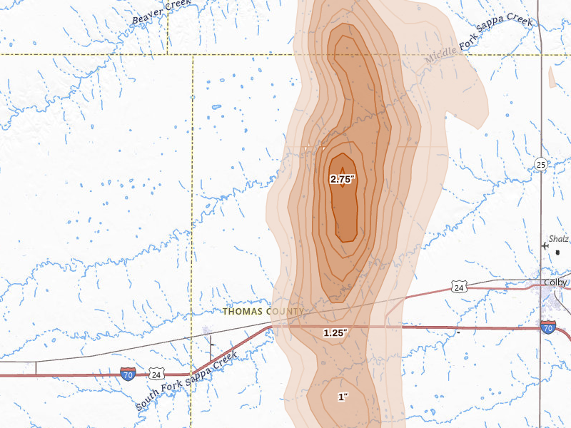Radar-estimated hail-size map of the storm over Brewster, KS on Aug 20, 2026