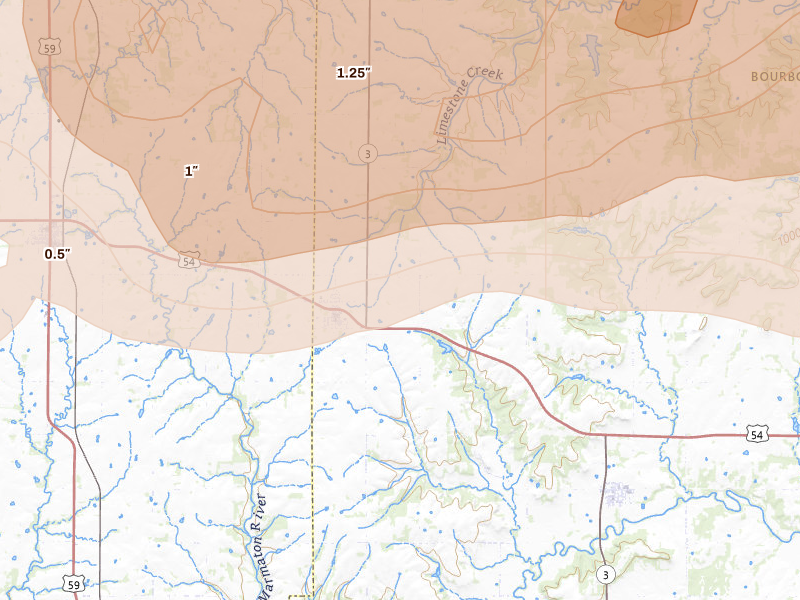 Radar-estimated hail-size map of the storm over Bronson, KS on Apr 26, 2026