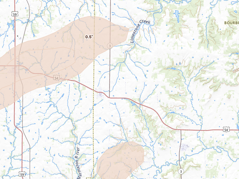 Radar-estimated hail-size map of the storm over Bronson, KS on Apr 27, 2026