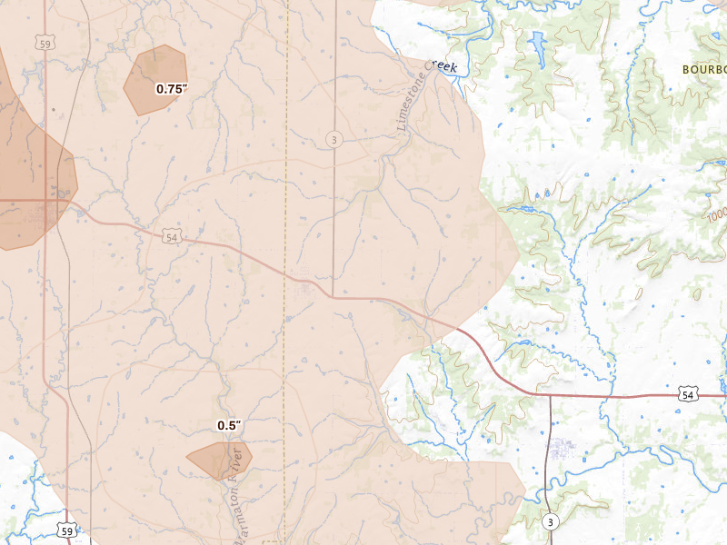 Radar-estimated hail-size map of the storm over Bronson, KS on May 31, 2026