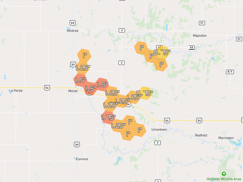 Hail map of Bronson, KS on Jun 1, 2026, hail up to 1.75"