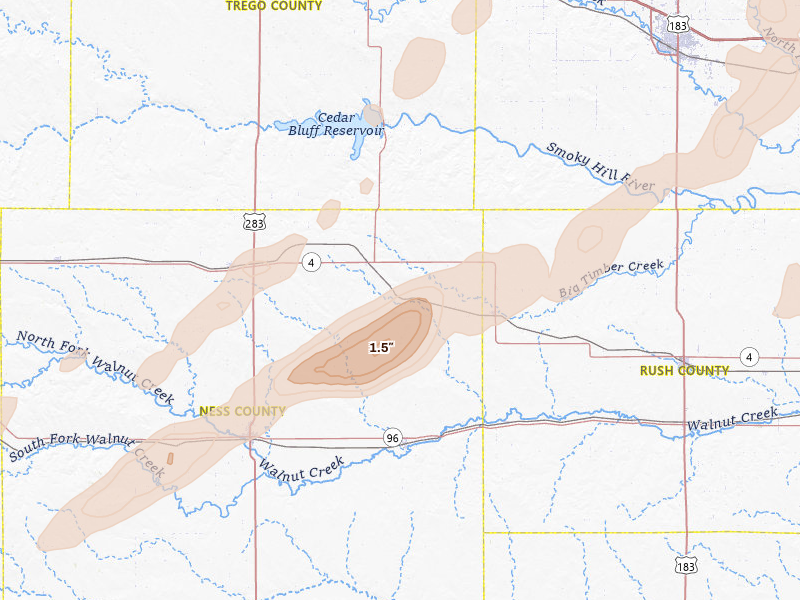 Radar-estimated hail-size map of the storm over Brownell, KS on Apr 26, 2026