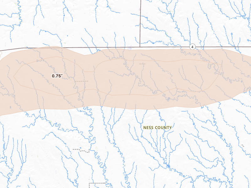 Radar-estimated hail-size map of the storm over Brownell, KS on Aug 4, 2026
