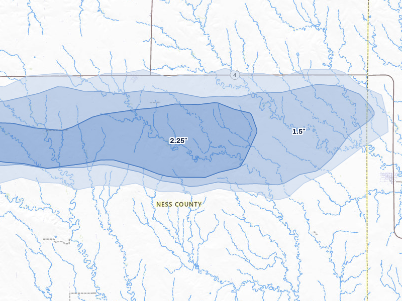 NEXRAD radar-signature map of the hail storm over Brownell, KS on Aug 4, 2026