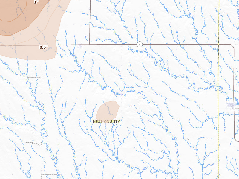 Radar-estimated hail-size map of the storm over Brownell, KS on Aug 13, 2026