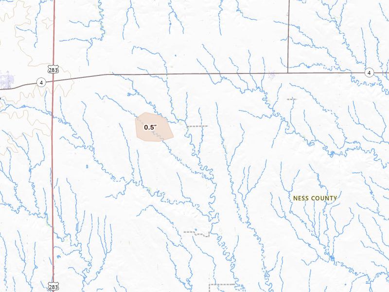 Radar-estimated hail-size map of the storm over Brownell, KS on Aug 25, 2026