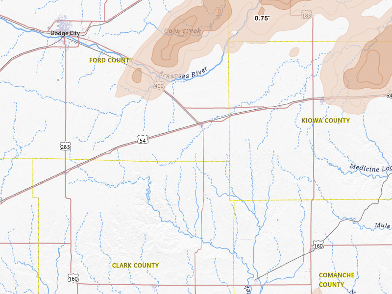 Radar-estimated hail-size map of the storm over Bucklin, KS on May 18, 2026