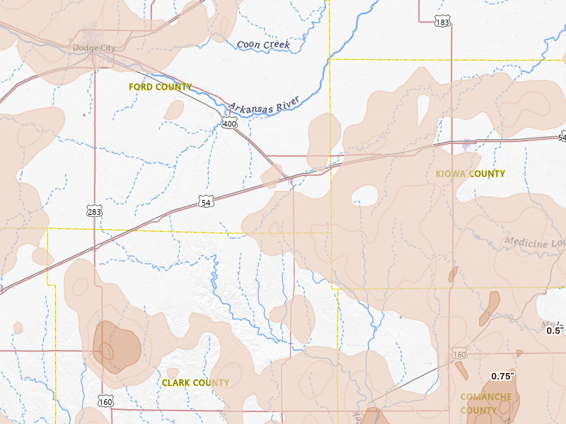 Radar-estimated hail-size map of the storm over Bucklin, KS on Jun 1, 2026