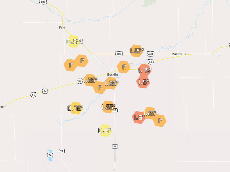Hail map of Bucklin, KS on Jun 2, 2026, hail up to 1.75"