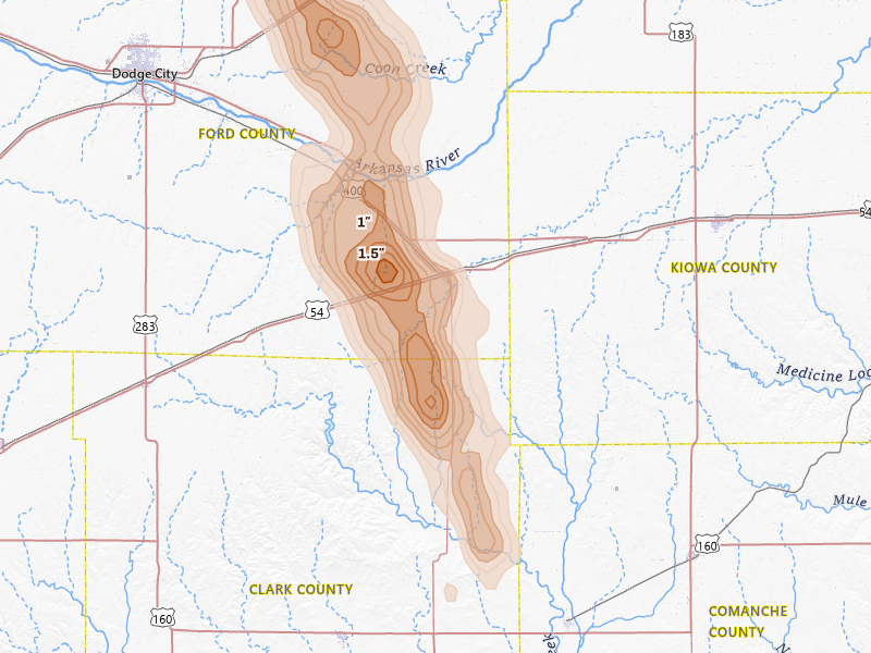 Radar-estimated hail-size map of the storm over Bucklin, KS on Jun 16, 2026