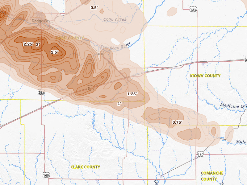 Radar-estimated hail-size map of the storm over Bucklin, KS on Jun 20, 2026