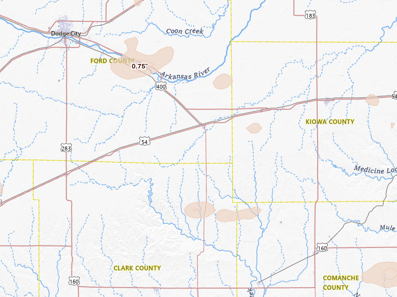 Radar-estimated hail-size map of the storm over Bucklin, KS on Jun 23, 2026