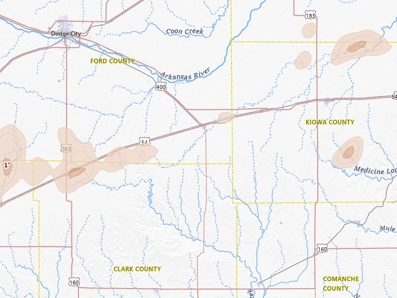 Radar-estimated hail-size map of the storm over Bucklin, KS on Jun 26, 2026