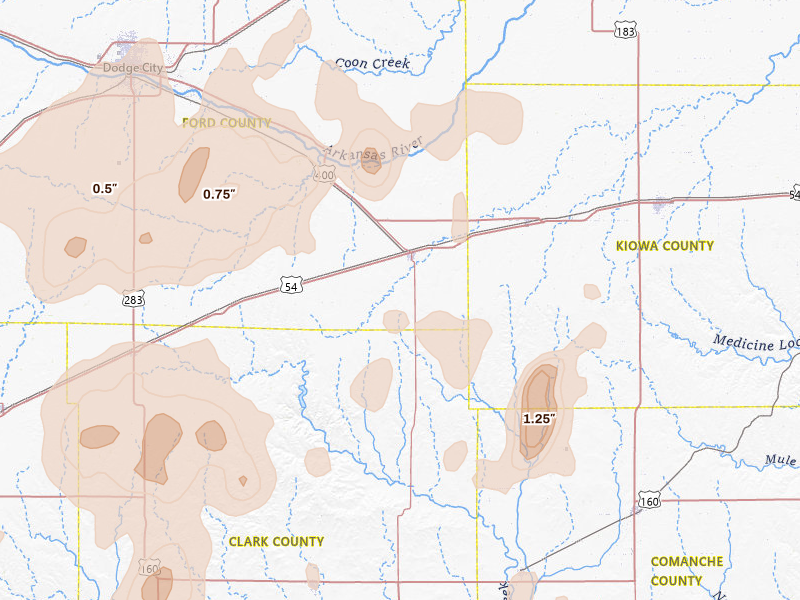 Radar-estimated hail-size map of the storm over Bucklin, KS on Jul 23, 2026