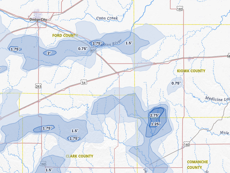 NEXRAD radar-signature map of the hail storm over Bucklin, KS on Jul 23, 2026