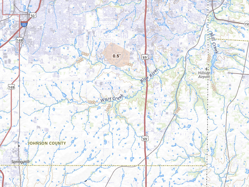 Radar-estimated hail-size map of the storm over Bucyrus, KS on Apr 23, 2026