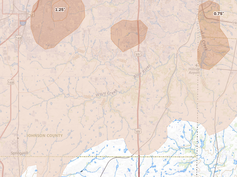 Radar-estimated hail-size map of the storm over Bucyrus, KS on Apr 26, 2026