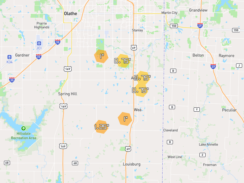 Hail map of Bucyrus, KS on Jun 9, 2026, hail up to 1.25"