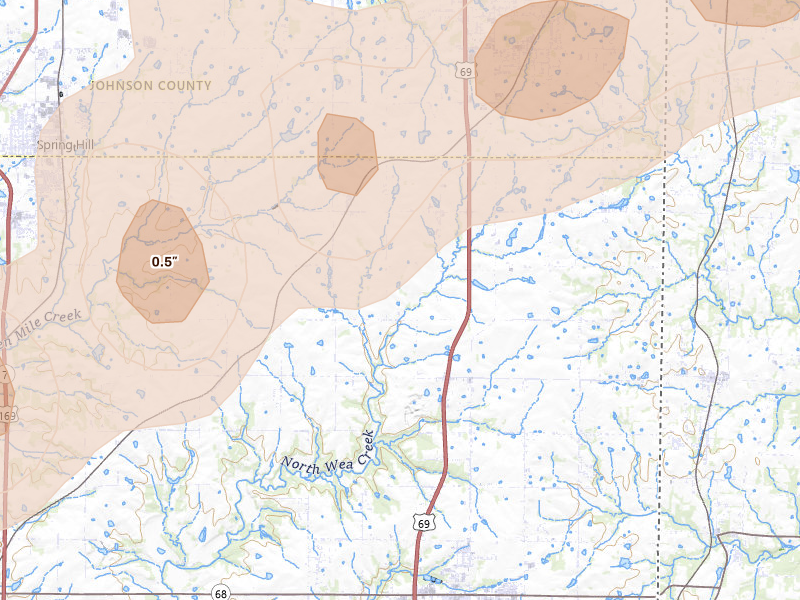 Radar-estimated hail-size map of the storm over Bucyrus, KS on Aug 5, 2026