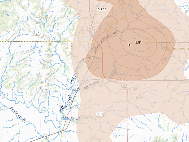 Radar-estimated hail-size map of the storm over Buffalo, KS on May 30, 2026