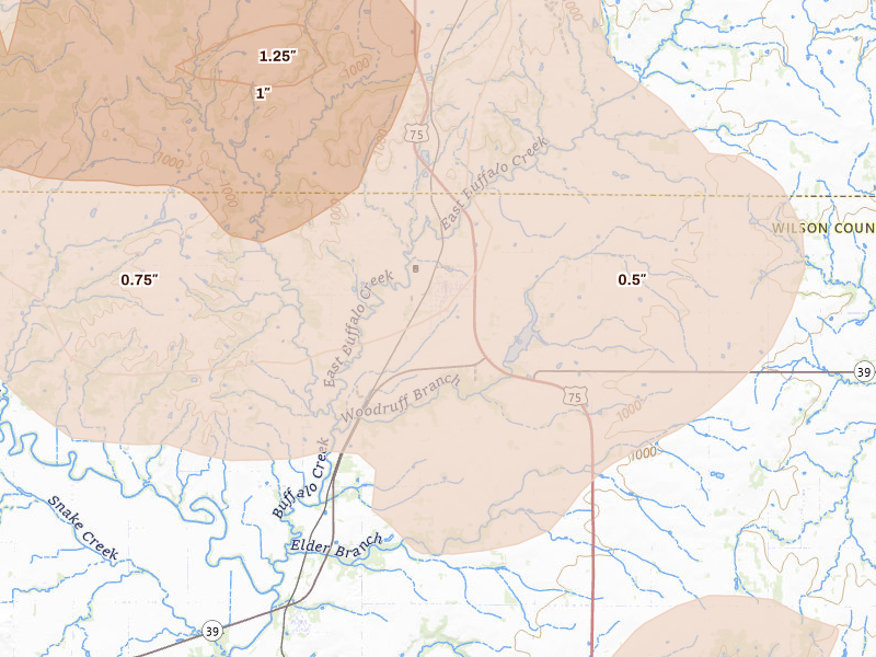 Radar-estimated hail-size map of the storm over Buffalo, KS on May 31, 2026