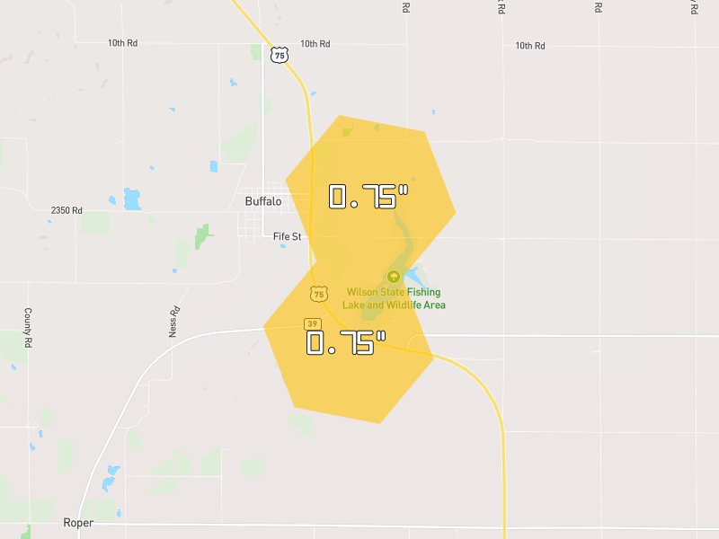 Hail map of Buffalo, KS on Jun 9, 2026, hail up to 0.75"