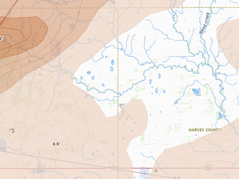 Radar-estimated hail-size map of the storm over Buhler, KS on May 18, 2026