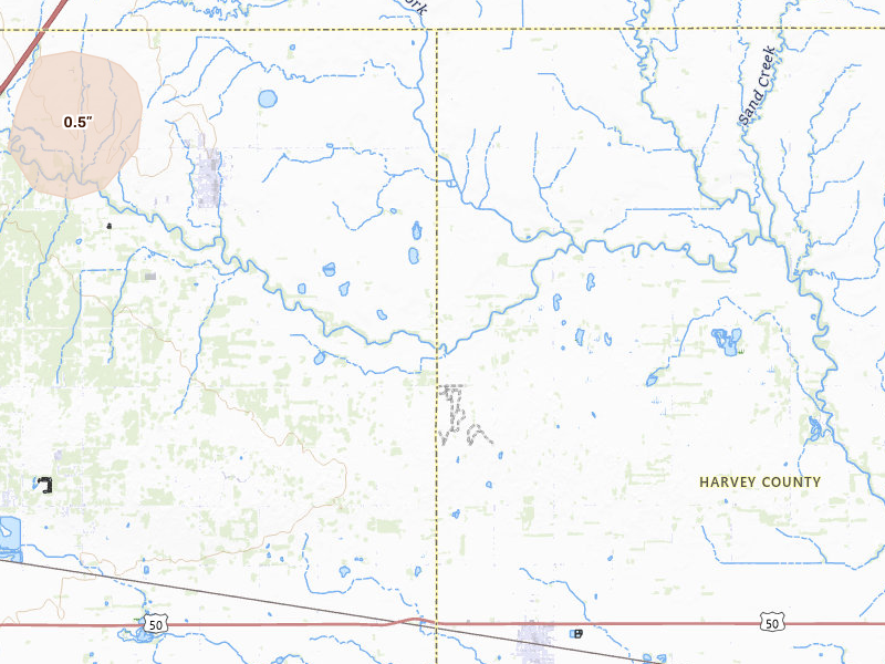 Radar-estimated hail-size map of the storm over Buhler, KS on May 30, 2026