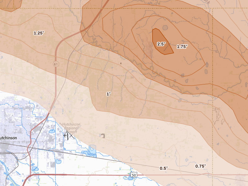 Radar-estimated hail-size map of the storm over Buhler, KS on Jun 10, 2026