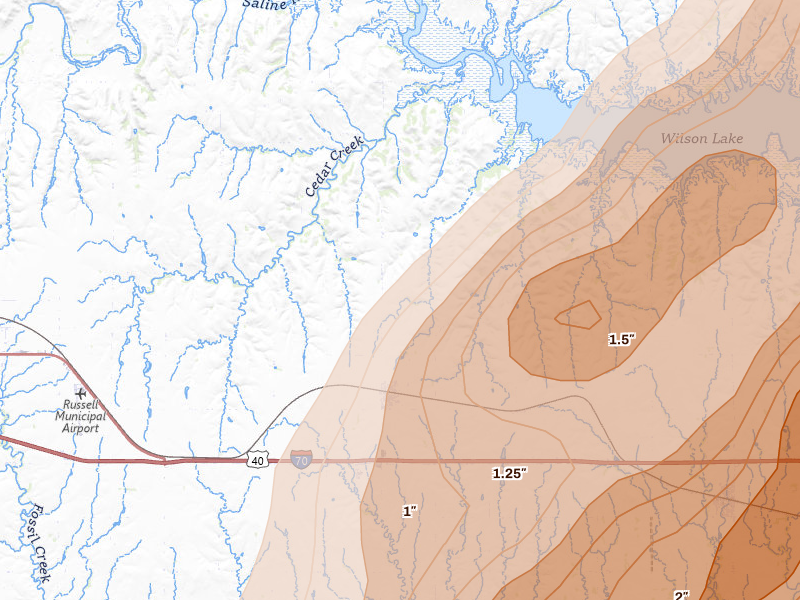 Radar-estimated hail-size map of the storm over Bunker Hill, KS on May 17, 2026