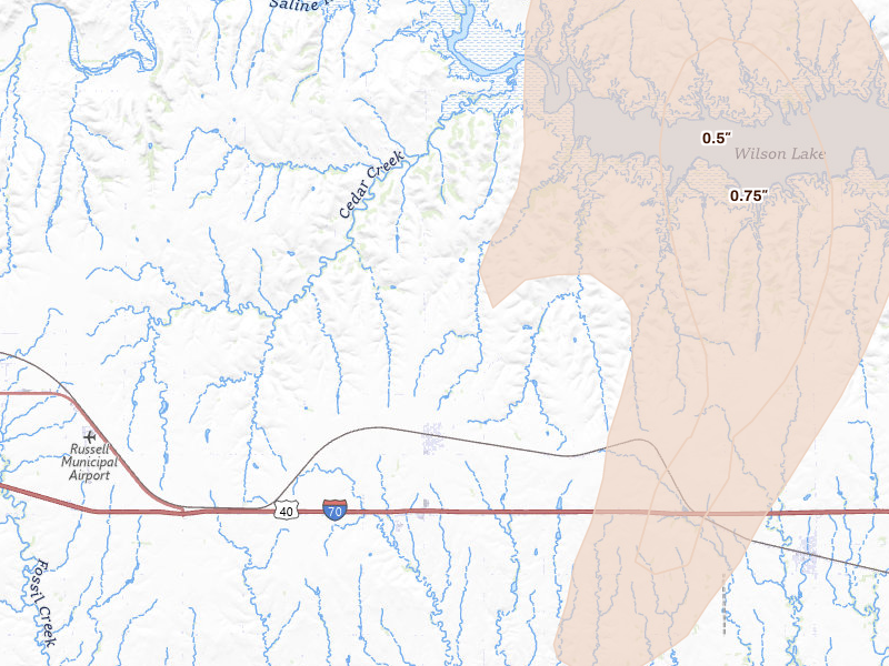 Radar-estimated hail-size map of the storm over Bunker Hill, KS on May 29, 2026