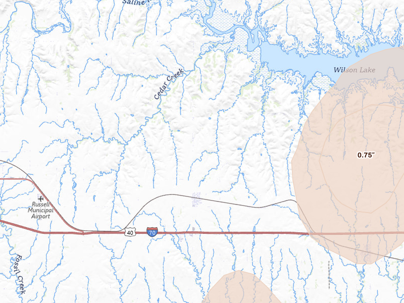 Radar-estimated hail-size map of the storm over Bunker Hill, KS on May 30, 2026