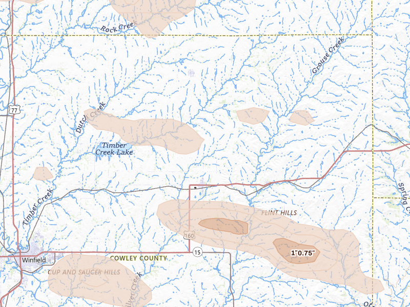 Radar-estimated hail-size map of the storm over Burden, KS on Jun 18, 2026