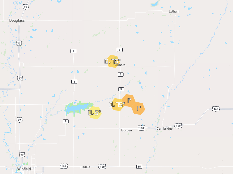 Hail map of Burden, KS on Jul 4, 2026, hail up to 1"